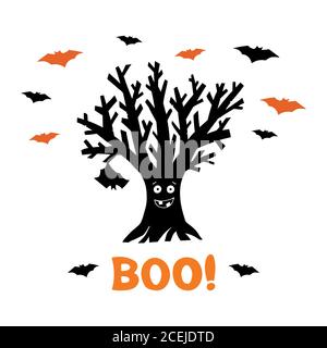 Dry funny tree with hanging bat and flying bats. Orange boo word. Holiday greeting card. Isolated on white background. Vector stock illustration. Stock Vector