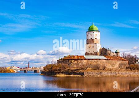 Sightseeing of Russia. Beautiful spring view to historical Vyborg ancient castle - medieval, famous fort in Vyborg town, a popular architectural Stock Photo