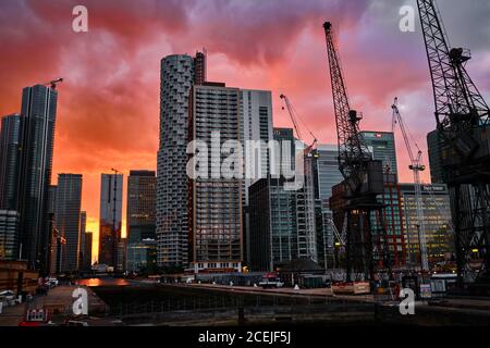 Wood Wharf at Sunset, Canary Wharf, London, UK, 1st September 2020 Stock Photo