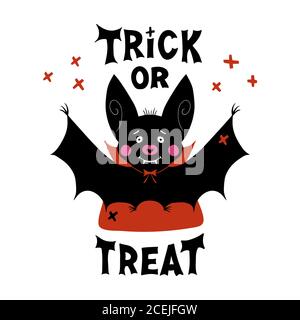 Cute cartoon vampire bat with fangs and red cloak. Doodle cross elements and Trick or treat lettering. Halloween greeting card. Isolated on white Stock Vector