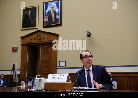 Washington, DC. 1st Sep, 2020. United States Secretary of the Treasury Steven T. Mnuchin testifies before the House Select Subcommittee on the Coronavirus Crisis on Capitol Hill in Washington, DC, on September 1, 2020.Credit: Nicholas Kamm/Pool via CNP | usage worldwide Credit: dpa/Alamy Live News Stock Photo