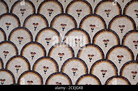 Ancient mosaic pattern found in a church at Mount Nebo in Jordan. Stock Photo