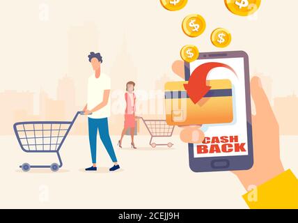 Cashback program concept. Vector of shopping people using credit or debit card earning bonus cash back money Stock Vector