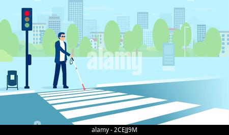 Vector of blind adult man with sunglasses and cane crossing the street Stock Vector