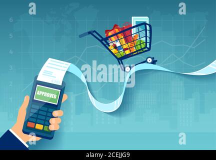 Vector of a shopping cart with groceries on a very long POS terminal receipt Stock Vector