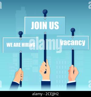 Vector of business men hands holding signs vacancy, we are hiring, join us announcements Stock Vector
