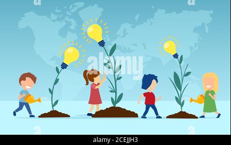 Vector of a group of children planting and watering flowers with light bulb ideas Stock Vector