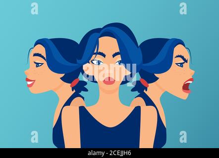 Vector of a young woman with mood swings, bipolar disorder expressing anger and happiness Stock Vector