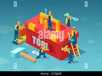 Isometric vector of a mechanic, handymen working around a tool box. Stock Vector