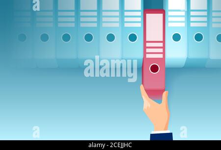 Vector of an office worker pulling out a red folder in the archives Stock Vector