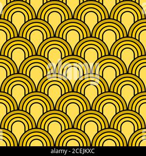Seamless vector graphic  with an overlaid  fan like art deco design in shades of yellow. Stock Vector