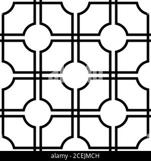 Seamless monochrome vector graphic of circles and overlapping parallel lines Stock Vector