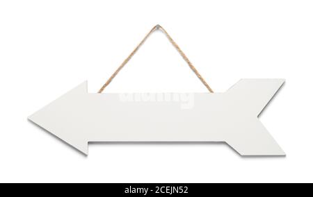 Hanging Wood Arrow Sign Isolated on White. Stock Photo