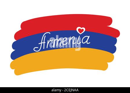 Armenia flag, stylized vector illustration with handwritten country name text. Red blue yellow flag of Armenia, hand drawn country name with red heart Stock Vector