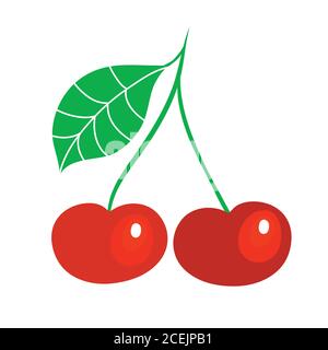 Two red cherries with one green leaf. Flat illustrations vector. Ripe fruit cherry berry with a steamed stalk. Pair of cherries isolated on white Stock Vector