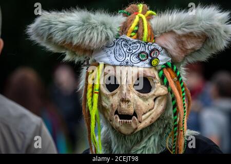 Moscow, Russia. 1st of September, 2020 Young girl wearing furry mask takes  part of annual meeting of fans of the hippie subculture in Tsaritsyno Park  of Moscow, Russia. Several dozen of people
