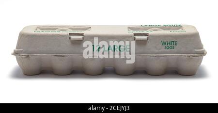 Carton of Large Eggs Front View Isolated on White. Stock Photo