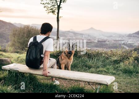 man playing with dog in nature Stock Photo