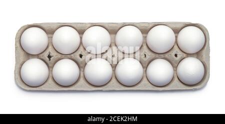Top View of Full Egg Carton Isolated on White. Stock Photo