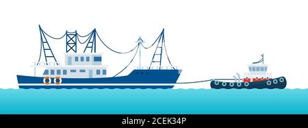 Fishing boat being pulled by a tugboat on the waves vector illustration in a flat design. Stock Vector
