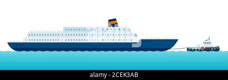 Image of towing vessel moving a sea marine along the sea waves vector illustration in a flat design. Stock Vector