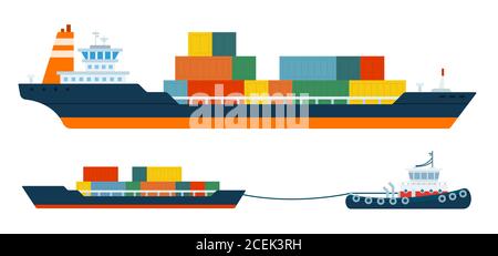 Set of container ship and tug carrying cargo ship vector illustration in a flat design. Stock Vector