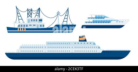 Illustration of a fishing boat, yacht and marine liner vector flat icon isolated Stock Vector