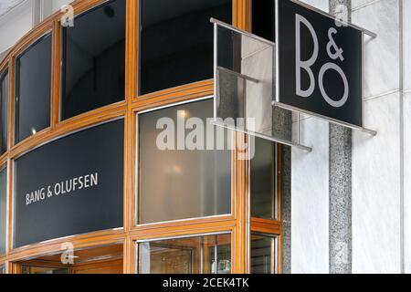 London, United Kingdom - February 03, 2019: BO logo signage on Bang & Olufsen branch at Canary Wharf. B&O is Danish high end audio manufacturer founde Stock Photo