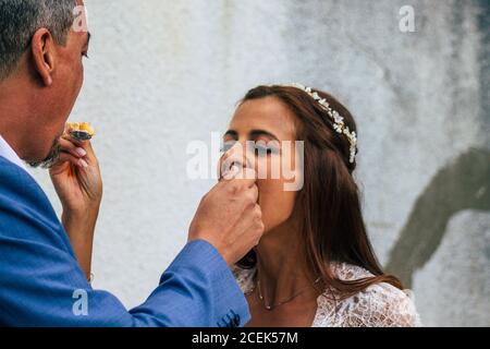 Reims France August 29, 2020 View of unidentified couple participating in a republican wedding according to the French tradition Stock Photo