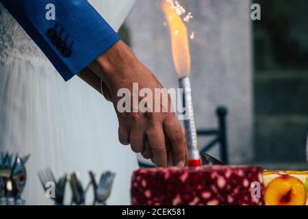 Reims France August 29, 2020 View of unidentified couple participating in a republican wedding according to the French tradition Stock Photo