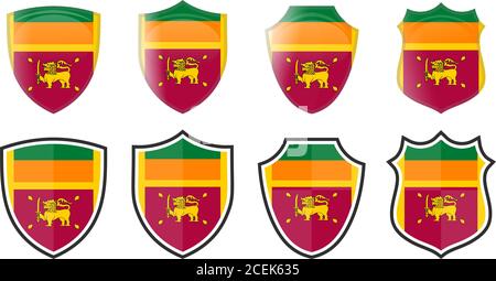 Vertical Sri Lanka flag in shield shape, four 3d and simple versions. Ceylon icon / sign Stock Vector