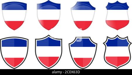 Vertical YYY flag in shield shape, four 3d and simple versions. ZZZ icon / sign Stock Vector