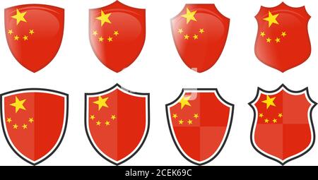 Vertical China flag in shield shape, four 3d and simple versions. Chinese icon / sign Stock Vector