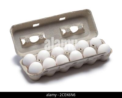 Open Carton of Large Eggs Isoalted on White. Stock Photo