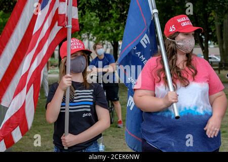 Kenosha, United States. 01st Sep, 2020. Supporters of President Donald Trump demonstrate while the president visits in Kenosha, Wisconsin on Tuesday, September 1, 2020. Trump visited Kenosha, Wisconsin a week after police shot Jacob Blake seven times in the back. Photo by Alex Wroblewski/UPI Credit: UPI/Alamy Live News Stock Photo
