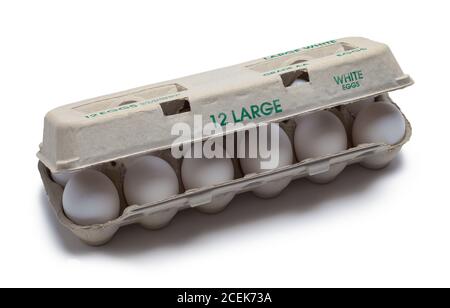 Carton of Large Eggs Slightly Open Isolated on White. Stock Photo