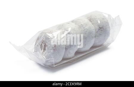 Small Package of Powered Doughnuts Isolated on White. Stock Photo