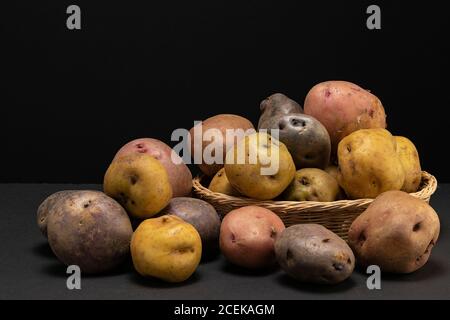 Still life of vegetables in low key. Different types of vegetables in studio shot. Three kinds of potatoes in a basket. Stock Photo