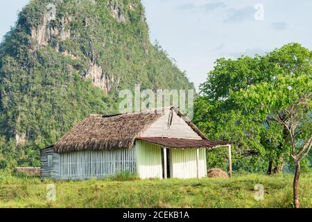 Rural scene with a rustic house known as bohio at the Vinales Valley in Cuba, worldwide known for its natural beauty and the fame of its tobacco Stock Photo