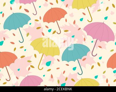 Autumn seamless pattern with umbrellas and leaves. Falling leaves, leaf fall. Colorful umbrellas from the rain. Background for surfaces, printing on p Stock Vector