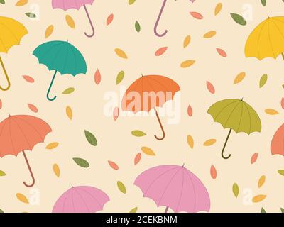 Autumn seamless pattern with umbrellas and leaves. Falling leaves, leaf fall. Colorful umbrellas from the rain. Background for surfaces, printing on p Stock Vector