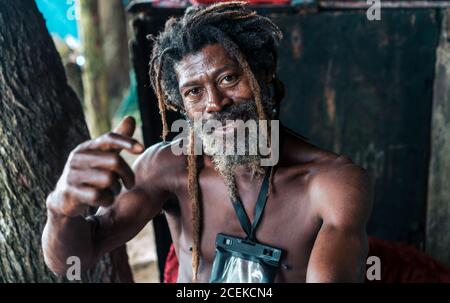 African American bearded male with dreadlocks and upped hands smoking cigar near trees Stock Photo