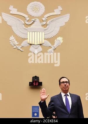 Washington DC, USA. 1st Sept 2020. U.S. Treasury Secretary Steven Mnuchin is sworn in as he testifies before the U.S. House Select Subcommittee on the Coronavirus Crisis on the Administration's Response to the Economic Crisis, on the Capitol Hill in Washington, DC, the United States, on Sept. 1, 2020. (Nicholas Kamm/Pool via Xinhua) Credit: Xinhua/Alamy Live News Stock Photo