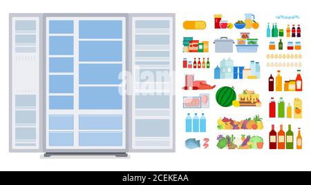 Illustration of an empty refrigerator and groceries vector flat icon isolated Stock Vector