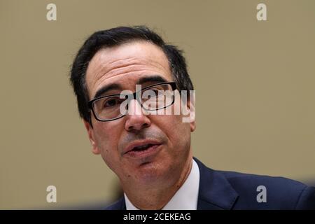 Washington DC, USA. 1st Sept 2020. U.S. Treasury Secretary Steven Mnuchin testifies before the U.S. House Select Subcommittee on the Coronavirus Crisis on the Administration's Response to the Economic Crisis, on the Capitol Hill in Washington, DC, the United States, on Sept. 1, 2020. (Nicholas Kamm/Pool via Xinhua) Credit: Xinhua/Alamy Live News Stock Photo