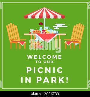 Image of a picnic in the park with text on a green background illustration in a flat design. Stock Vector