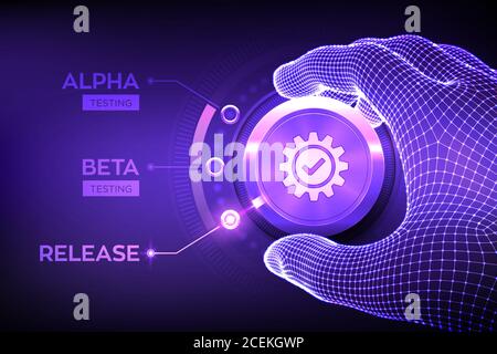 Software testing engineering concept. Alpha Beta Release testing. Wireframe hand turning a test process knob and selecting Release product mode Stock Vector