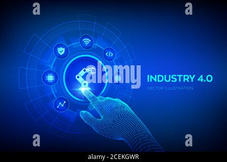 Smart Industry 4.0 concept. Factory automation. Autonomous industrial technology. Industrial revolutions steps. Robotic hand touching digital Stock Vector