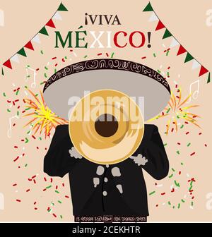 Mexican Independence day celebration - Mariachi playing the trumpet and text in spanish: Long live Mexico Stock Vector