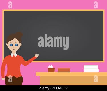 Illustration vector design of teacher is teaching in the class room with blank space on the black board. Stock Vector